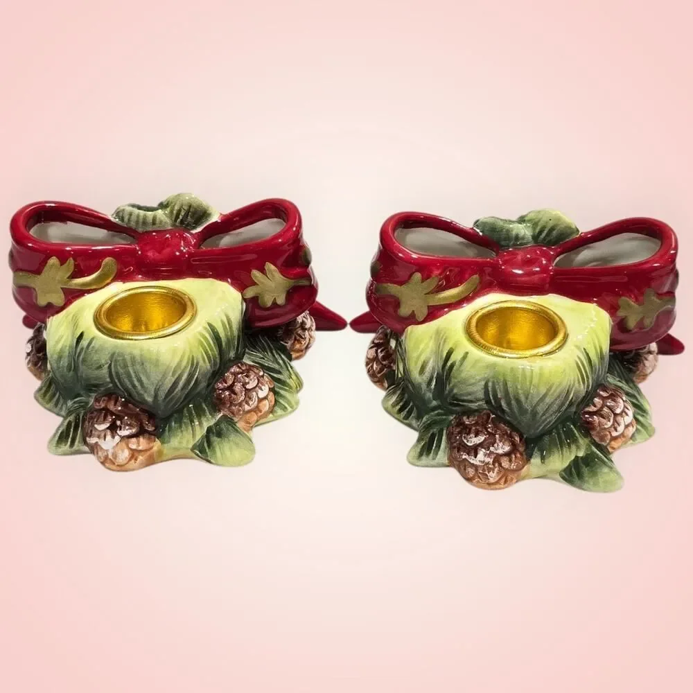 VTG Ceramic Christmas Wreath Candle Holders With Pinecones And Red Bow‎ 3D